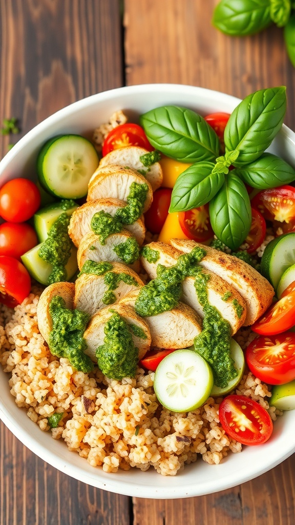 A nutritious quinoa chicken pesto bowl with grilled chicken, cherry tomatoes, cucumber, and bell pepper, topped with basil pesto and fresh basil.